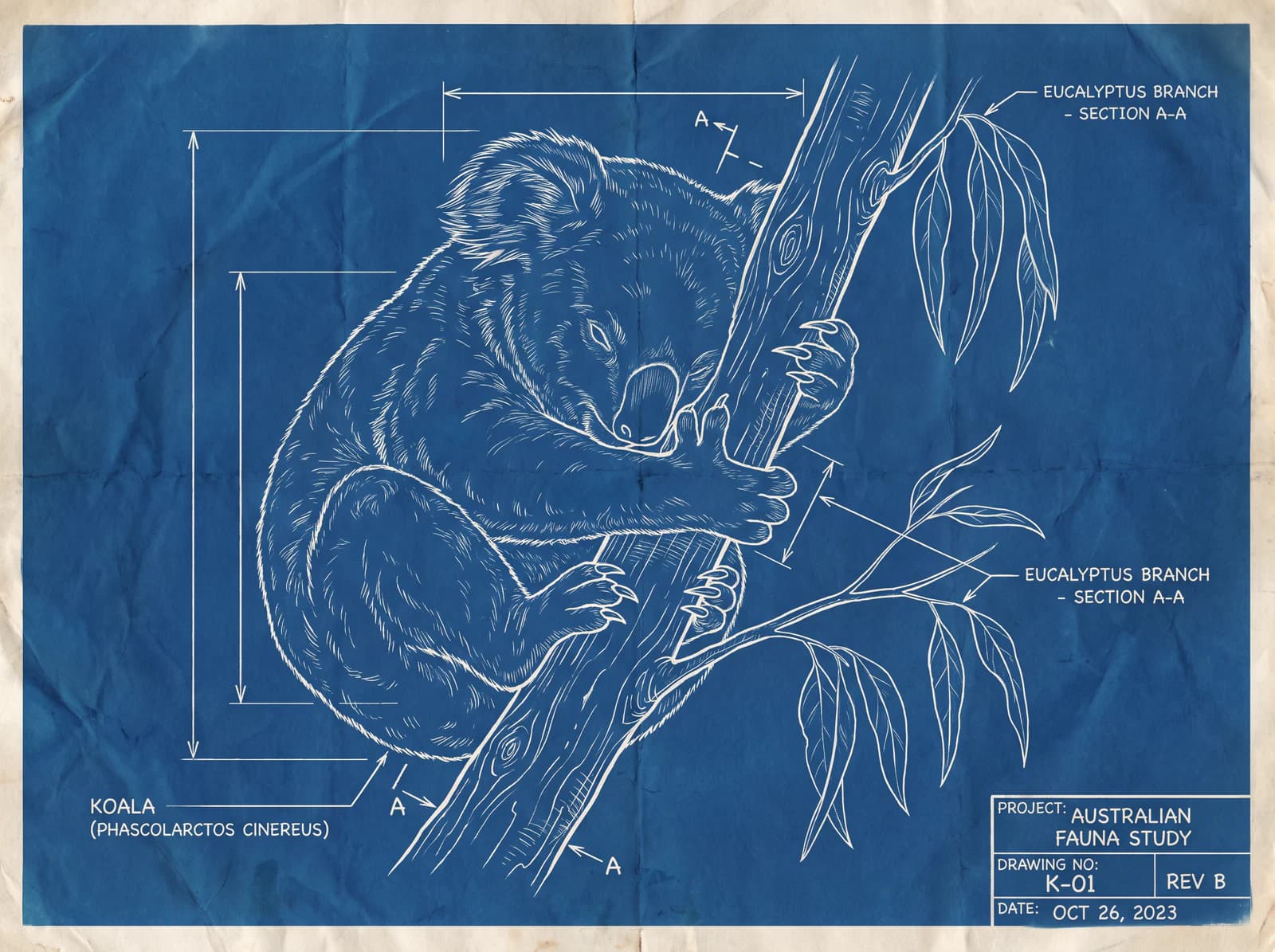 Blueprint-style study of a koala gripping a eucalyptus branch, the inspiration for Ukoala's body-hugging design