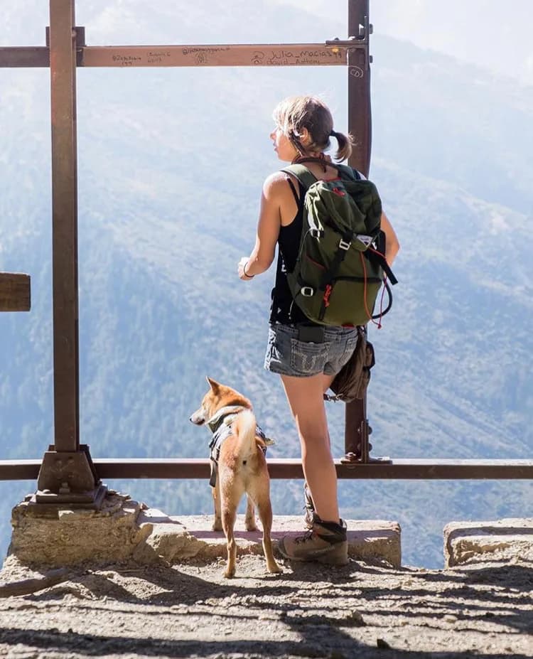 Hiker and her dog at a mountain overlook with a Ukoala bag worn at the hip