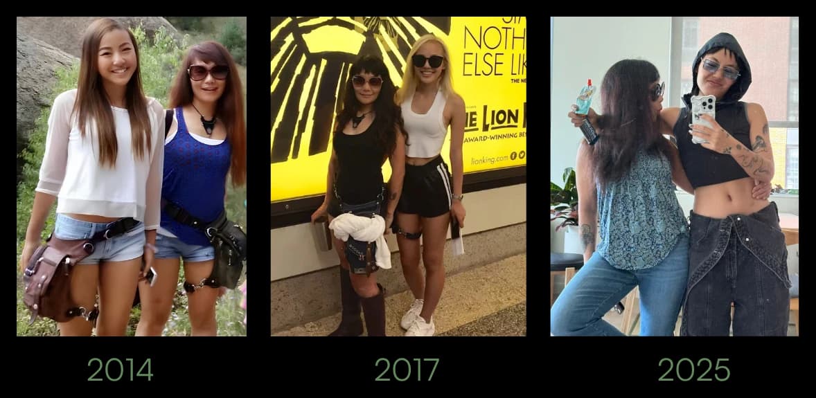 Three photos of Mayan and Xing together in 2014, 2017, and 2025, each wearing Ukoala bags